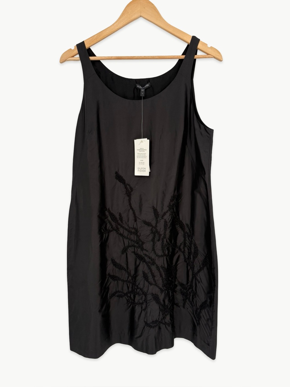 EILEEN FISHER Kala Embroidered Taffeta Silk Mini Dress Size Small Black NWT